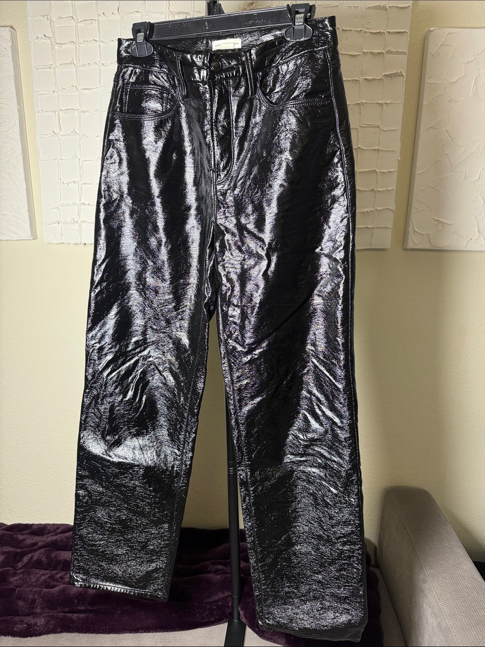 Good American Black Faux Patent Leather Pants 0/25 High Rise Straight
